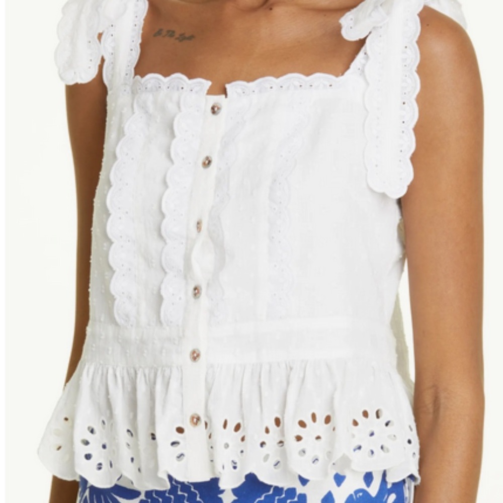 FARM Rio White Eyelet Button-Down Blouse Top